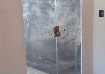 Frameless glass entrance with metal hardware and a decorative nature backdrop