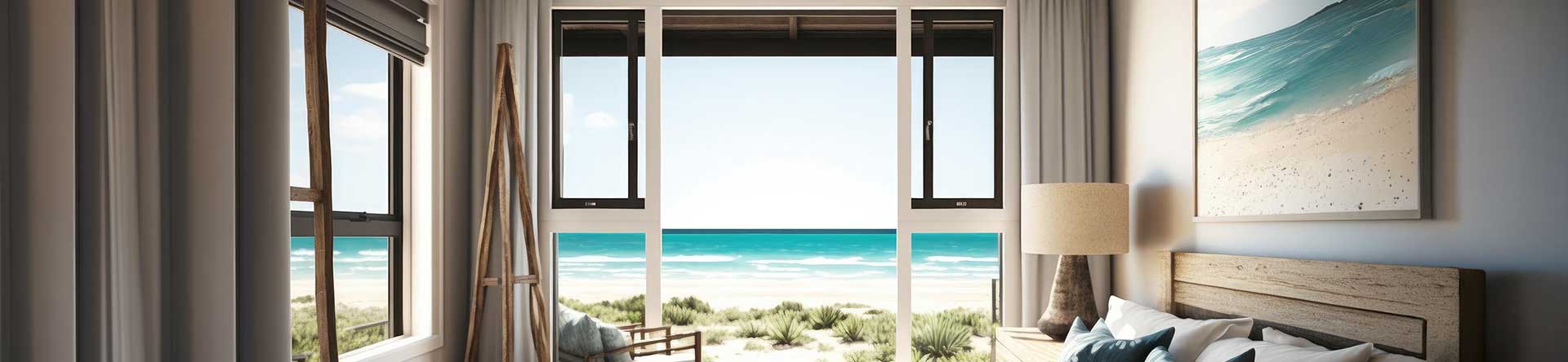 Bright coastal bedroom with dark-framed glass openings overlooking the ocean.
