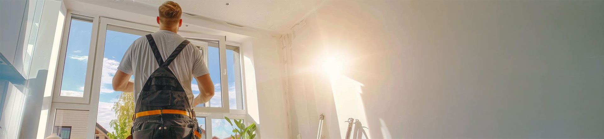 Installer fitting new glass units inside a bright residential interior.